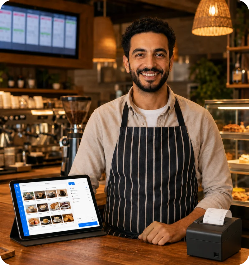 Smiling restaurant owner holding a tablet with the DigitOrder dashboard